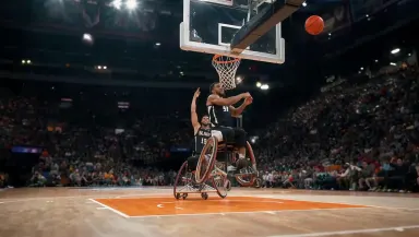 Camera tilts slowly down from the peak of the player's jump, following the ball toward the backboard, the player's expression