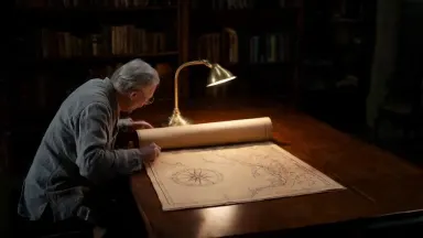 The chart continues to unroll slowly under the archivist's careful hands, revealing an ornate cartouche and inked sea-monster