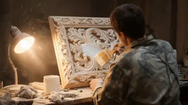The gilder's arm sweeps the brush steadily across the carved channel, wet gesso coating fills the relief in a slow creeping l