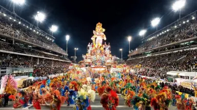 The float surges forward, sequins catching the stadium lights in rapid flashes, a line of dancers spins past in streaming fea