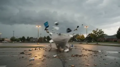 A gustnado whirl of debris spinning across a suburban parking lot while the parent storm passes unseen behind a thick grey cu