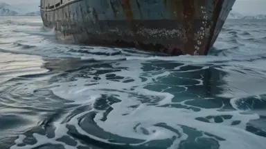 Deep-sea longliner returning to port through dense morning fog, rust-streaked hull sitting low with a full hold, slow tilt up