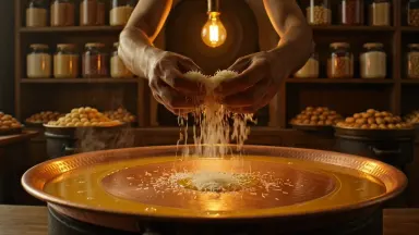Konafa being shredded by hand over a wide copper tray in a pre-dawn Cairo sweet shop, slow push in from a wide view of the co