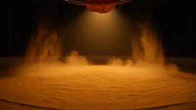 String marionette circus acrobat frozen at the top of a split above a sawdust ring, whip pan sweeping from the sawdust floor 
