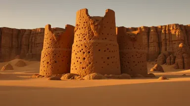 Hand-built adobe grain storage towers crumbling into a Mali desert cliff face at golden hour, slow tilt up from eroded mud-br