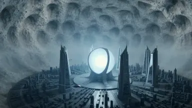 Subterranean city carved into a hollow asteroid rotating for gravity, skyscrapers pointing inward toward a central fusion lam
