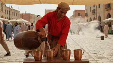Water carrier in a red tunic filling copper cups from a goatskin bladder for pedestrians in a Marrakech square at midday, loc