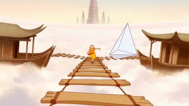A young monk in saffron robes sprinting across a rope bridge between floating monastery platforms, chasing a white paper airp