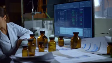 Forensic toxicologist in a crisp lab coat at a cluttered bench studying a mass spectrometry readout on a glowing monitor, lab