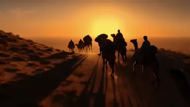 Silk Road camel caravan cresting a Central Asian desert pass at golden sunset, crane rising from ground level behind the last