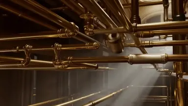 Pneumatic document carrier tube system snaking through the ceiling of a grand government records building, camera orbiting cl