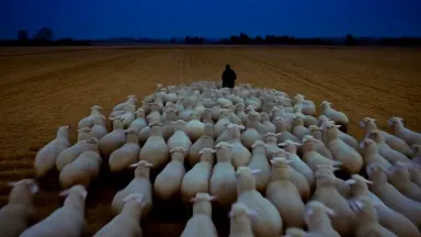 A lone shepherd guiding a dense flock across a harvested barley stubble field at blue hour, camera beginning close on the she