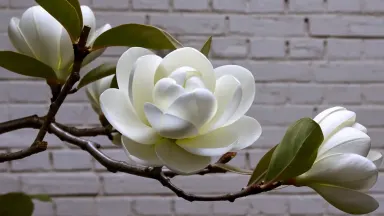 Magnolia grandiflora branch heavy with a single enormous open bloom against a white-painted brick garden wall in cool morning