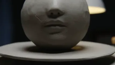Stop motion raw-clay face slowly forming from a blank grey sphere resting on a slowly turning turntable, camera tilting up fr