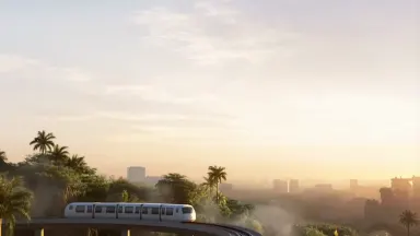 Slow tilt down from a pale sunrise sky to an elevated monorail guideway curving above a dense tropical city canopy, a single 