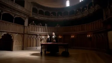 Camera arcs slowly clockwise around a Renaissance anatomist standing at a central dissection table in a tiered wooden anatomi