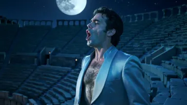 An opera tenor stands at the edge of an open-air Roman amphitheater stage mid-aria, mouth open, chest expanded, a full moon h
