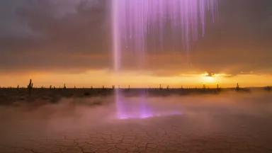 A curtain of virga rain evaporating before reaching the Sonoran Desert floor at golden hour, lavender streaks hanging mid-air