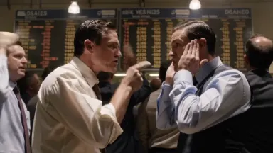 Two commodity traders arguing in open-outcry hand signals on a futures exchange trading floor, crane rising slowly from floor