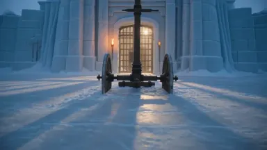A frozen medieval siege engine buried to its axle in snow outside an ice fortress gate, steady camera following from directly