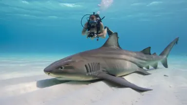 Underwater photographer hovering above a sleeping nurse shark on a sand flat at noon, camera locked off static. The shark's g
