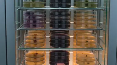 Rows of petri dishes stacked inside a tall glass incubation tower, each agar plate hosting a colony blooming in a different p