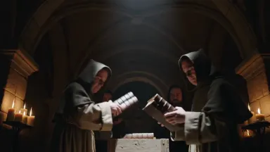 Leather-bound volumes being lifted one by one from a wooden shipping crate by robed hands and stacked carefully in a monaster