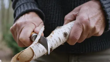 Weathered hands gripping a curved sloyd knife, peeling long continuous ribbons of pale birch from a fresh-split billet outdoo