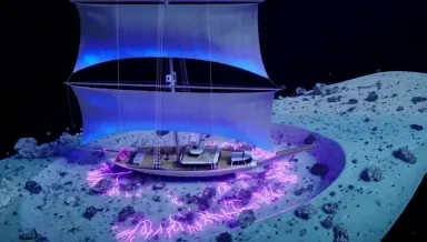 A vast living bio-ship drifts through a debris field, its translucent hull tissue flexing as enormous membrane sails unfurl p