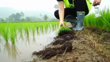 A field epidemiologist in rubber boots and a high-visibility vest kneels at the muddy edge of a flooded rice paddy, pressing 