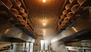 Panettone dough being lifted in soft golden domes and lowered into tall fluted paper molds on wire racks inside a Milan artis