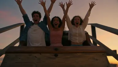 Antique wooden roller coaster car cresting the first drop at a seaside amusement park at dusk, passengers mid-scream with arm