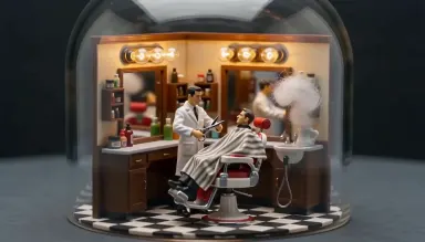 Miniature diorama of a 1950s American barbershop inside a glass bell jar, a tiny painted barber mid-snip over a seated custom