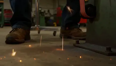 Knifemaker grinding the primary bevel on a carbon steel chef knife freehand on a belt grinder, sparks arcing low across a dar