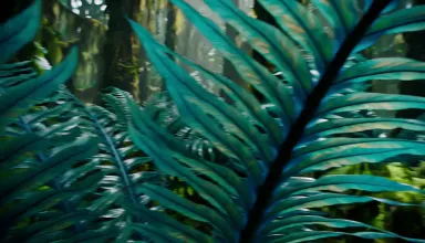 Crashed colony lander half-buried in a jungle canopy on a high-gravity world, local fauna nesting inside cracked viewport fra