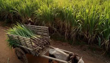 Sugar cane being loaded by machete-wielding cutters onto a waiting ox cart at the edge of a dense tropical plantation, crane 
