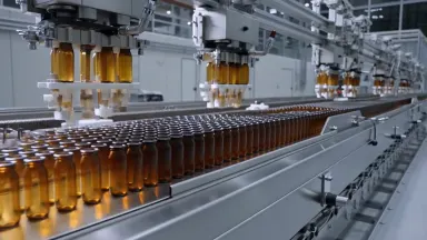 Wide shot of a pharmaceutical filling line, hundreds of amber glass vials moving on a stainless conveyor through automated ca