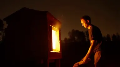 A large wood-fired anagama kiln being stoked through a side port with split oak billets at midnight, orange firelight eruptin