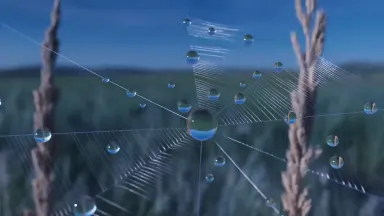 Dew web stretched between two dried grass stems at dawn, every droplet refracting an inverted meadow within its tiny sphere. 