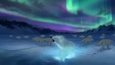 Illustrated silver spirit wolf leading a pack across a frozen tundra lake beneath a blazing aurora, breath misting in rhythmi