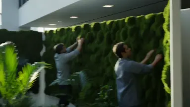 Moss wall panel being installed in a contemporary office atrium, two workers aligning deep green cushion clumps against a whi