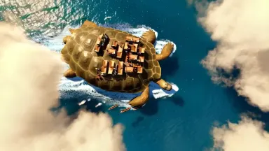 A wandering tortoise island with a fishing village built across its shell mid-migration through open sea, overhead top-down c
