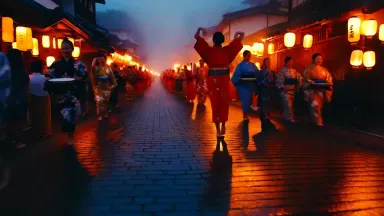 Torchlit Awa Odori dance line snaking through a narrow lantern-hung Tokushima street at dusk, slow push in toward the leading