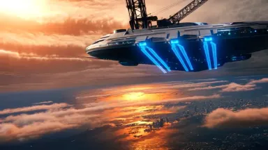 Gigantic ark-ship launching from a dying Earth, ocean cities submerged below as the vessel's plasma drives ignite above cloud