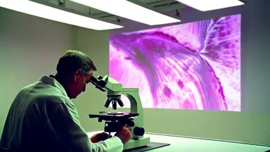 Pathologist examining a stained histology slide on a brightfield microscope, tissue cross-section projected large on the wall