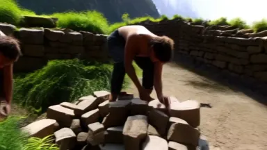 Inca road builders fitting dry-stone blocks along a cloud-forest mountain path, hands pressing and testing each stone for lev