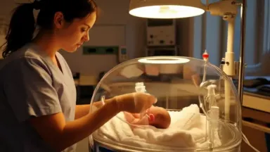 A neonatal nurse in soft scrubs adjusts oxygen tubing on a premature infant inside a glass incubator in a warmly lit NICU. Ca
