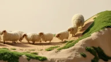 Stop-motion woolen sheep herd rolling in a slow wave across a textured papier-mache hillside, each figure subtly jittering wi
