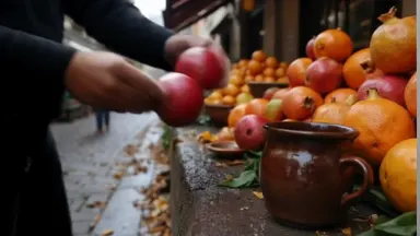 A Palermo market produce seller arranges pyramids of blood oranges and pomegranates on a wet stone ledge at dawn, hands movin