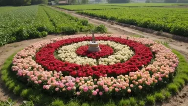 Aerial view tilting slowly downward toward a circular rose trial garden in full bloom on a flat research farm, concentric rin